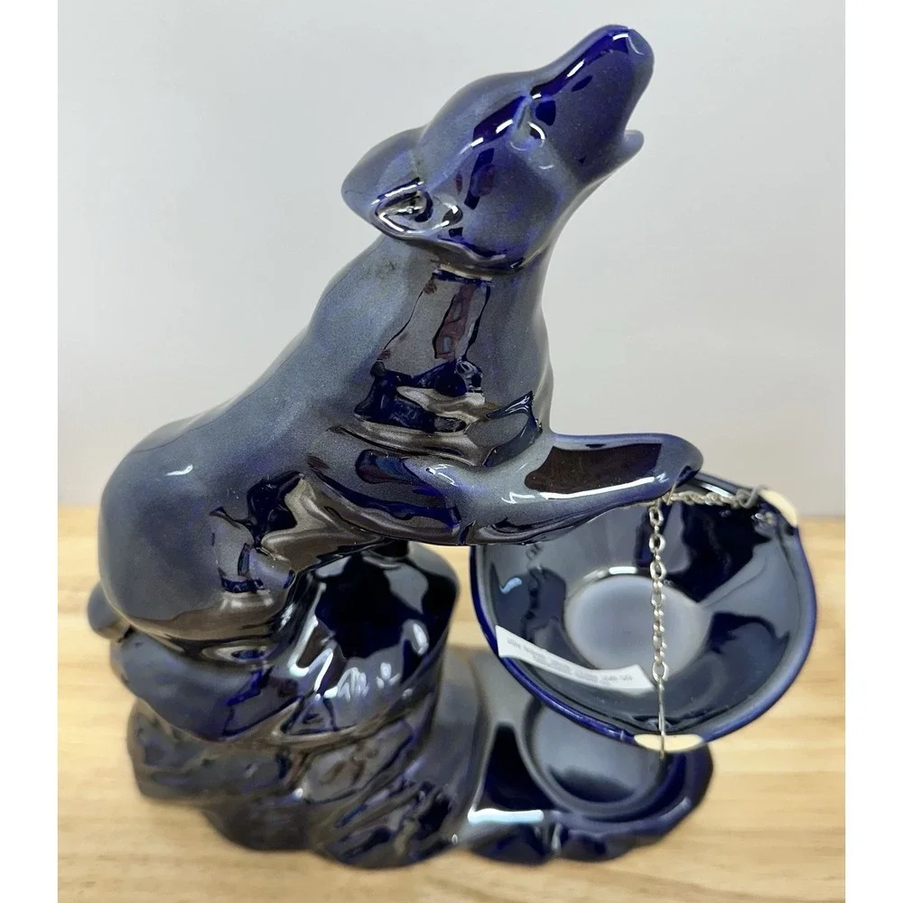 Ceramic Howling Wolf Metallic Iridescent Cobalt Blue Poland Candle Oil Warmer